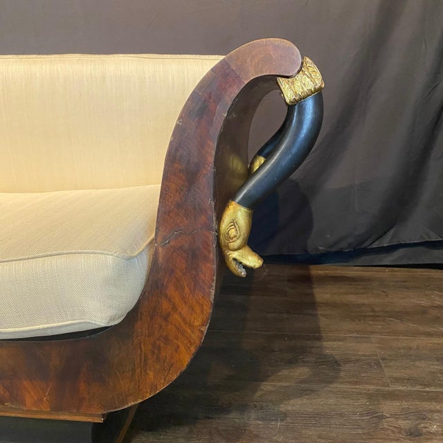 French Empire Walnut Curvy Sofa With Gilded Swans and New Upholstery For Sale In Portland, ME - Image 6 of 13