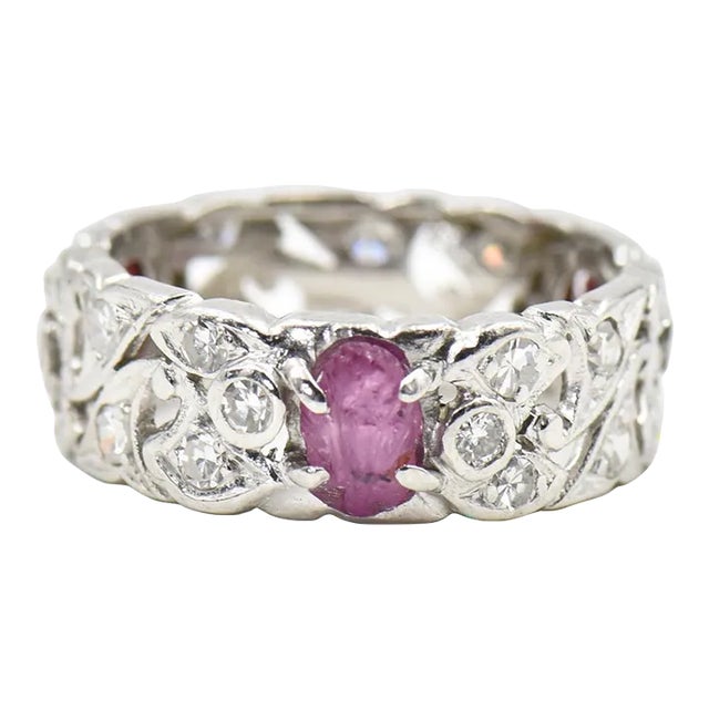 Art Deco Carved Ruby Leaf Diamond Floral Platinum Eternity Band. - Size 7 For Sale