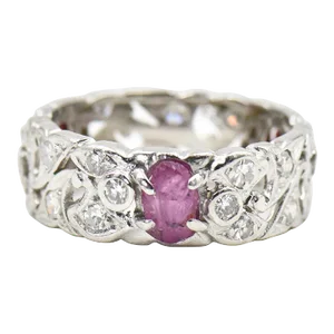 Art Deco Carved Ruby Leaf Diamond Floral Platinum Eternity Band. - Size 7