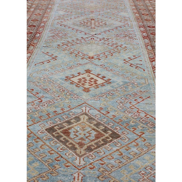 Light Blue and Soft Orange Antique Persian Malayer Runner With Geometric Motifs 3'5 X 11 For Sale - Image 4 of 12