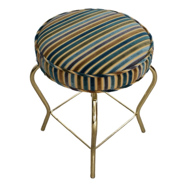 1960’s Hollywood Regency Swivel Brass & Velvet Vanity Stool For Sale