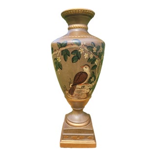 Late 20th Century Hand-Painted Chinoiserie Bird & Blossom Trophy Urn Vase For Sale