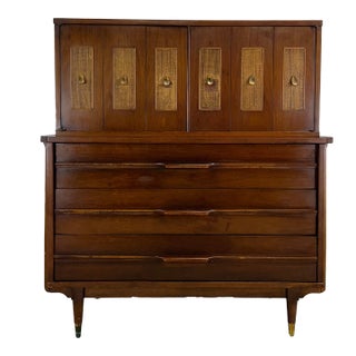 Mid Century Modern Highboy Dresser With Caned Front For Sale