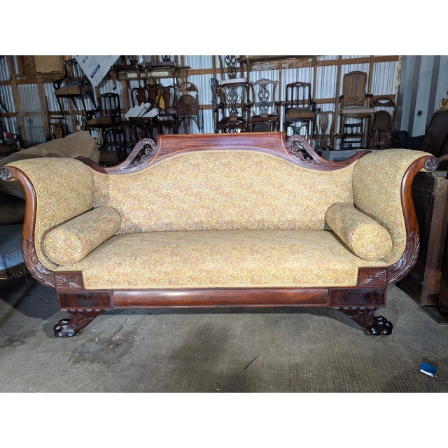 Antique American Empire Mahogany Settee With Scrolled Arms and Claw Feet For Sale - Image 17 of 17