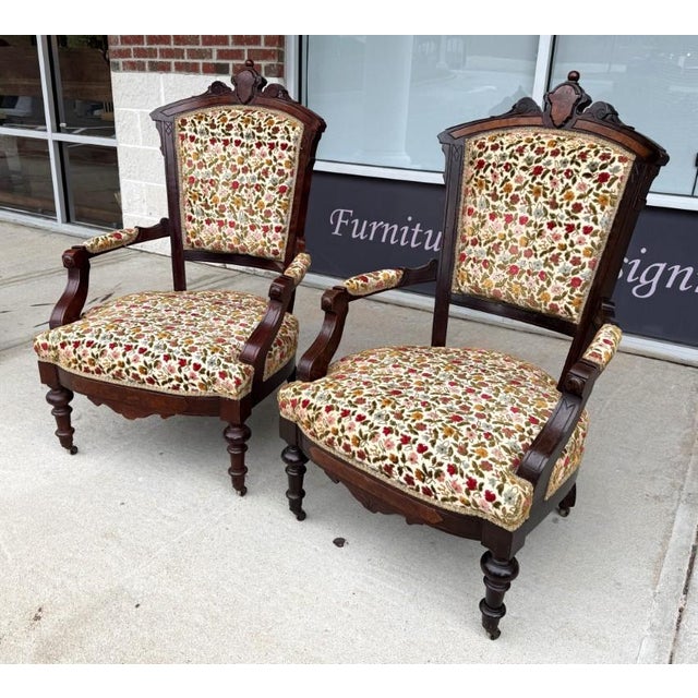 Wood Pair of Antique Eastlake Walnut Parlor Chairs With Floral Upholstery For Sale - Image 7 of 15