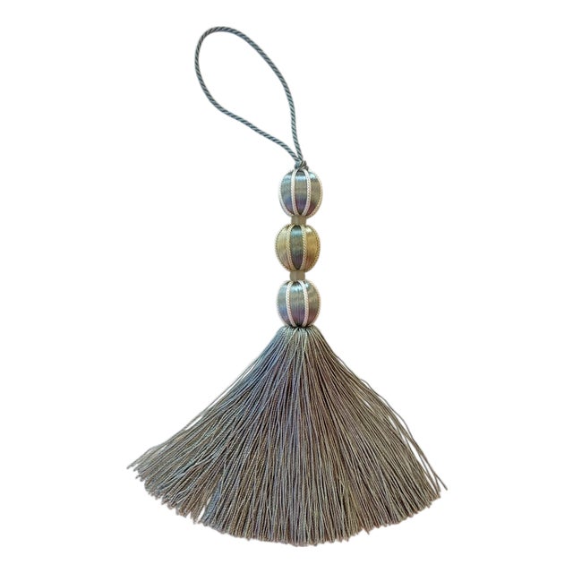 Pair of Beaded Satin Key Tassels in Bluestone Color For Sale