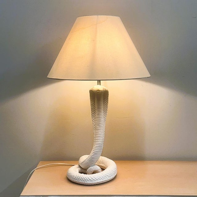 Vintage White Ceramic Cobra Table Lamp attributed to Tommaso Barbi, 1970s For Sale - Image 14 of 14