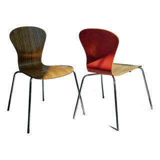 Knoll Sprite Stacking Chairs by Ross Lovegrove — Two-Tone Wood & Red — Pair For Sale