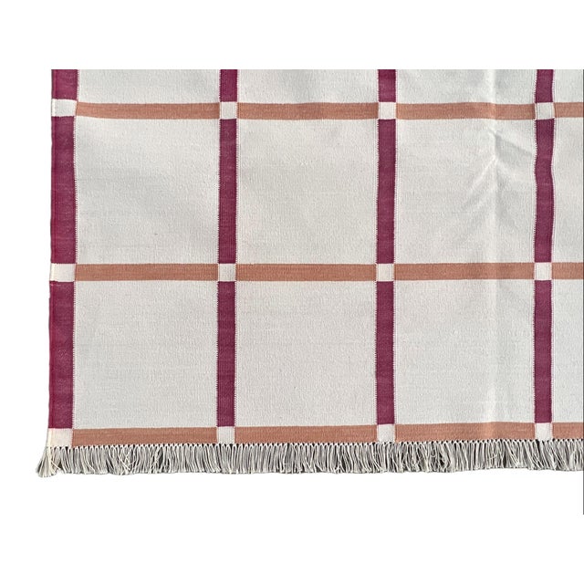 Not Yet Made - Made To Order Handmade Cotton Area Rug Cream, Raspberry Pink & Terracotta Red Windowpane Dhurrie - 8'x10' For Sale - Image 10 of 11