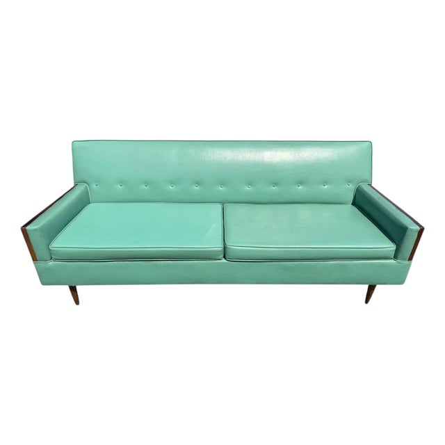 Mid-Century Modern Turquoise & Walnut Love Seat For Sale