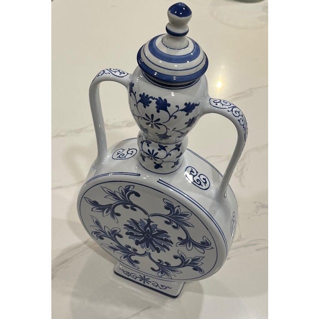 Vintage Pair of Blue and White Chinese Porcelain Moonflask (Urn, Vase) For Sale - Image 9 of 13