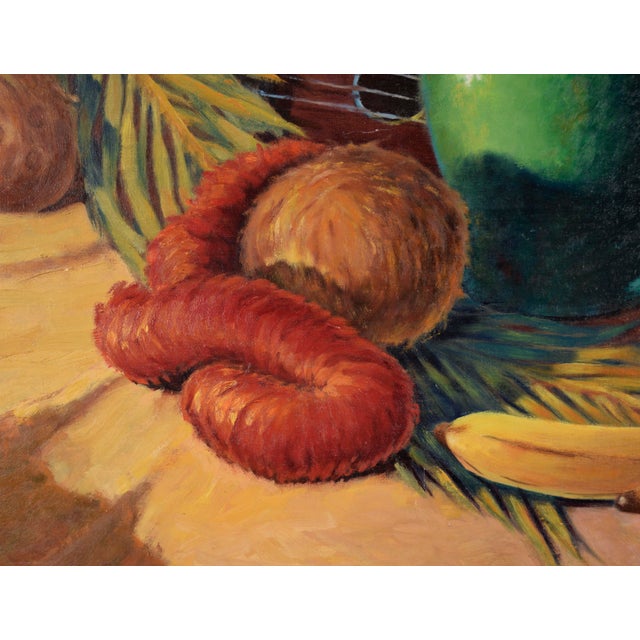American Tropical Still Life With Green Pot and Ukulele in Oil on Wood Panel by N. Weber For Sale - Image 3 of 9