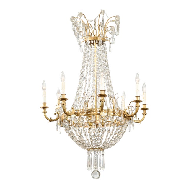 Late 19th Century Doré Bronze & Crystal French Empire Chandelier For Sale