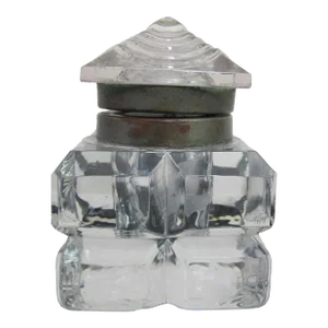Victorian Antique Cut Crystal Glass Cube Geometric Hinged Lid Inkwell Jar Bottle