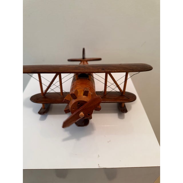 American Vintage Mid-Century Handcrafted Wood Biplane Seaplane Handmade Model. Ralph Lauren Bookcase Aesthetic For Sale - Image 3 of 5