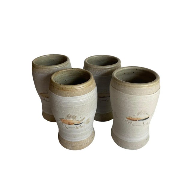 Beige Hand Thrown Japanese Style Studio Pottery Drinkware With Fish Design - Set of 4 For Sale - Image 8 of 13