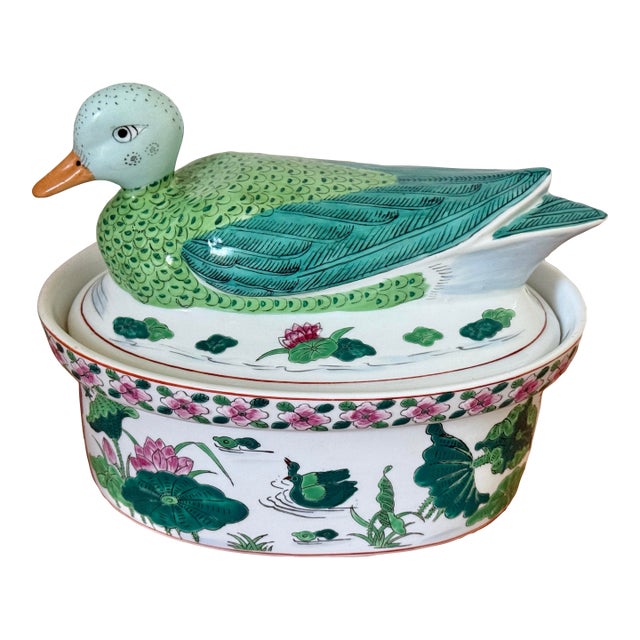 1980s Chinese Export Porcelain Duck Lidded Dish For Sale