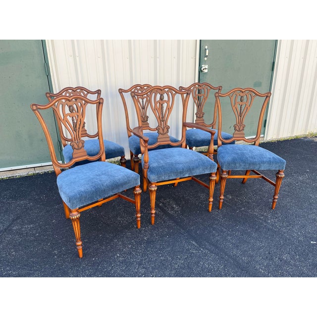Saginaw 1930's Saginaw Furniture Louis XVI Walnut Dining Chairs- Set of 6 Newly Reupholstered For Sale - Image 4 of 12