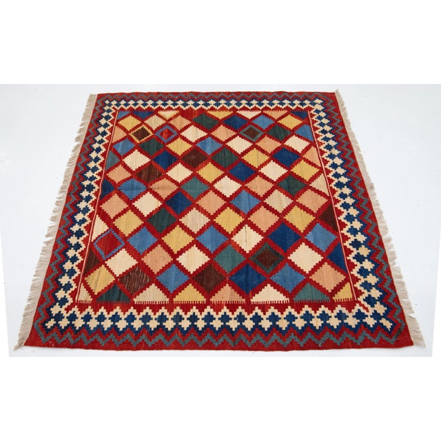 Turkish 1960s Vintage Square Kilim Handmade Multicolor Geometric Wool Rug For Sale - Image 3 of 7