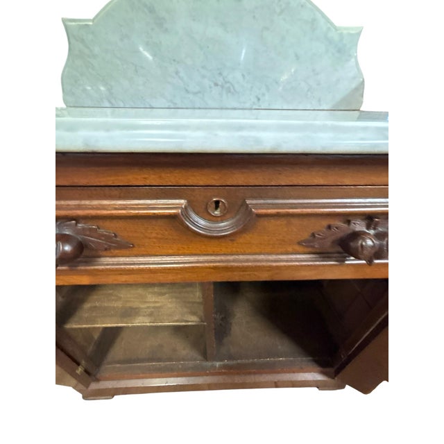 Antique Victorian Eastlake Walnut Marble Top Washstand With Carved Acorn Pulls, Circa 1880s For Sale In Greensboro - Image 6 of 11