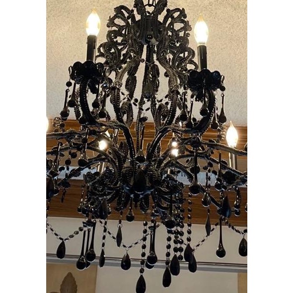 Rococo Black Glass 10-Light Chandelier For Sale - Image 3 of 4