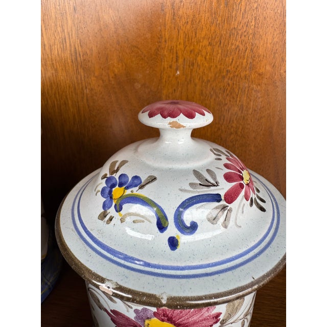 Vintage Hand-Painted Faience Floral Ceramic Canister Set – European Country Kitchen Storage (Set of 3) For Sale - Image 12 of 12