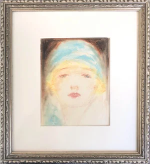 Antique Art Deco Portrait Drawing of a Woman by Charles Sheldon C. 1920s
