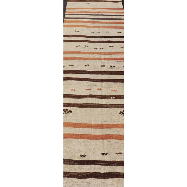 Modern Mid 20th Century Vintage Turkish Kilim Runner With Stripes in Cream Brown & Soft Coral Color For Sale - Image 3 of 11