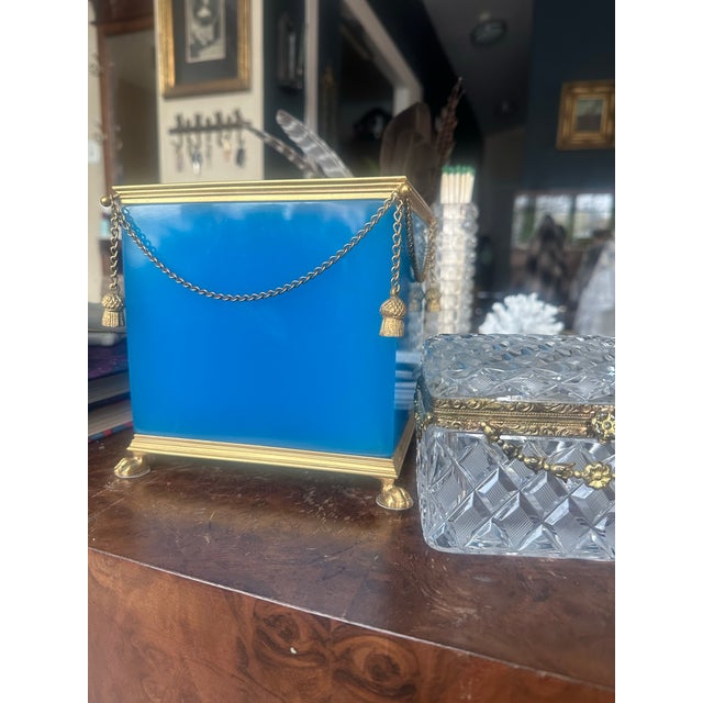 French French Blue Opaline Glass Cachepot With Gilt Bronze Swags, Tassels & Paw Feet For Sale - Image 3 of 3