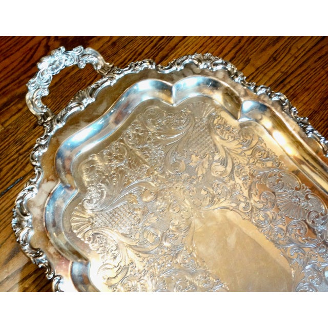 Metal Large Ornate Silver Serving Tray With Handles For Sale - Image 7 of 11