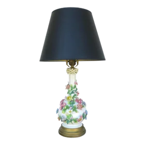 Italian White Porcelain Lamp With Colorful Flowers, Leaves and Vines
