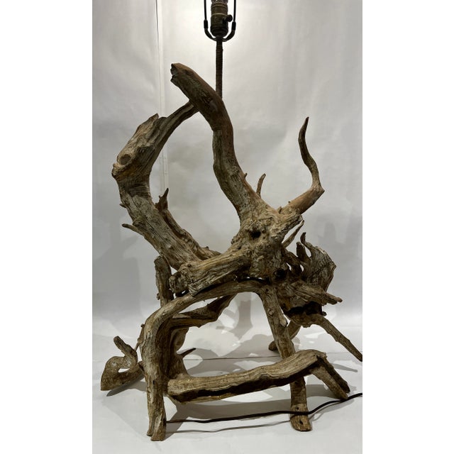 Brown MCM Vintage Driftwood Lamp Table Desk Lamp Organic Coastal Decor Original Finial For Sale - Image 8 of 10