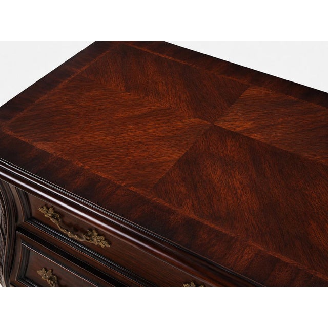 Traditional Vintage Bombay Mahogany Bombe Chest / Transitional Entryway Cabinet With Carved Leaf Details & Original Finish For Sale - Image 3 of 6