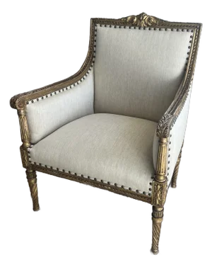 Antique French Louis XVI Style Gilded Carved Wood Bergere Chair in New Linen Fabric