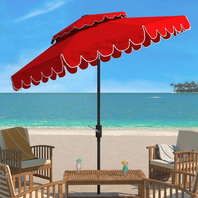 The signature white and red coloration of Santorini’s lush legendary resort inspired this nine foot double top umbrella....