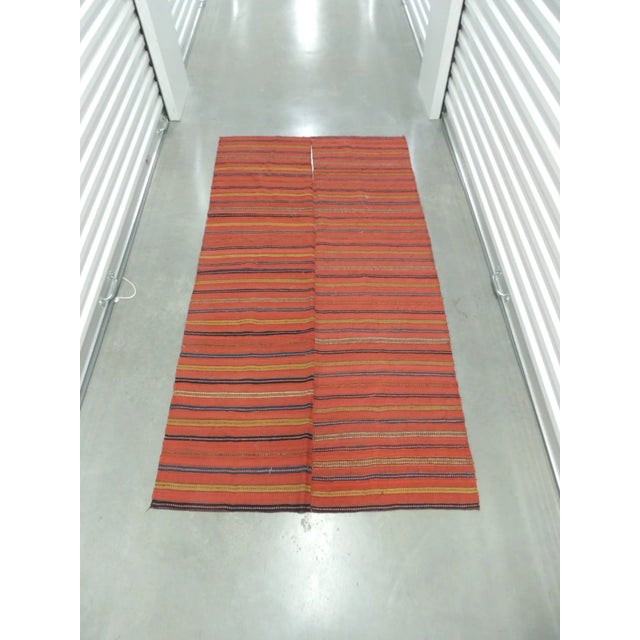 Vintage Turkish Colorful Stripes Woven Textile Panel. Two textiles stitched together. In shades of yellow, brown, red and...