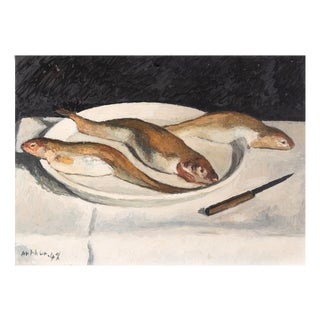 Edouard Arthur, Freshwater Fish on a White Plate, Oil on Canvas For Sale