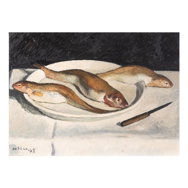 Edouard Arthur, Freshwater Fish on a White Plate, Oil on Canvas For Sale