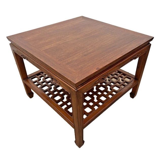1960s 1960s MCM Ming Style Wood Coffee / End Table With Open Geometric Fretwork Lower Shelf For Sale - Image 5 of 12