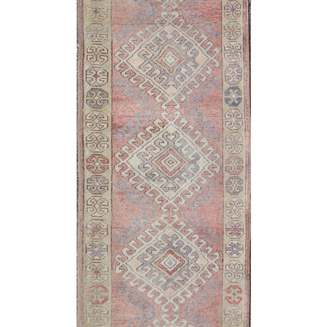 Tribal Vintage Turkish Oushak Runner in Soft Rose, Pale Blue, and Faded Ivory 2'11 X 14'3 For Sale - Image 3 of 9