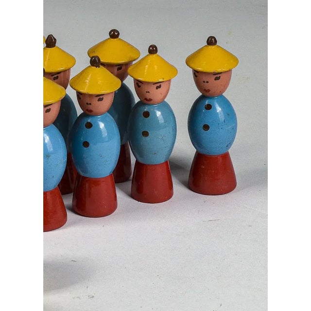 Chinese Figures Wooden Toy Game with Yellow Hat and 2 Original Yellow Balls by Gurman Bowling, 1940s, Set of 12 For Sale - Image 3 of 7