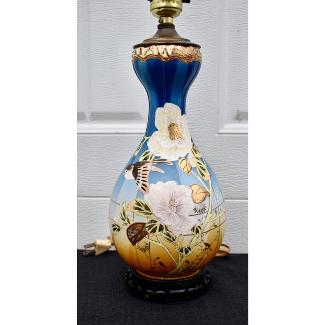 Ceramic Antique Japanese Satsuma Vase Lamp Meiji Painted Porcelain Gold Bird Flower For Sale - Image 7 of 17