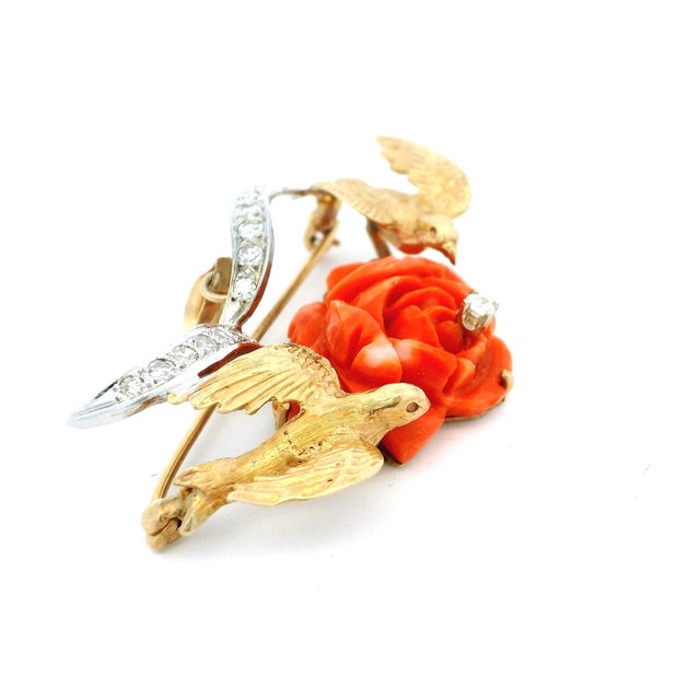 Vintage Italian 18k Gold Platinum Diamond Sardinian Coral Rose Dove Brooch Pendant For Sale - Image 4 of 9
