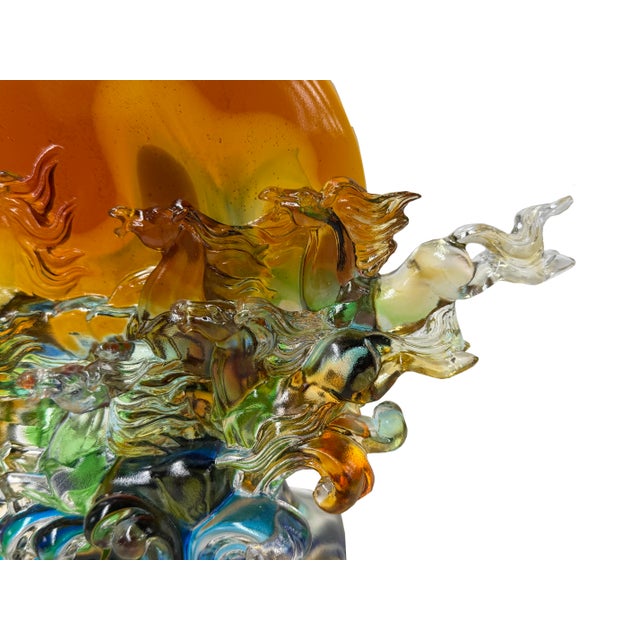 Crystal Glass Wild Horses Galloping Orange Sun Moon Back Sculpture Figure For Sale - Image 12 of 14