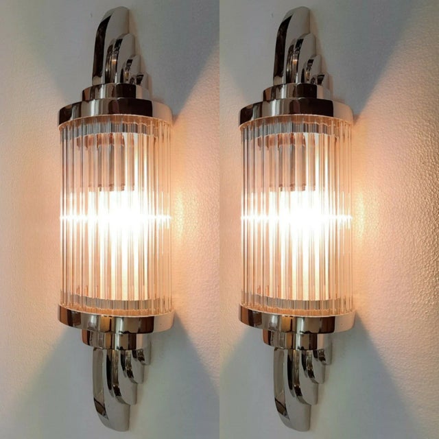 Pair Skyscraper Vintage Art deco light Old Lamp Wall Sconces Fixture Nickel Brass & Glass Rod Ship Light Excellent Working...