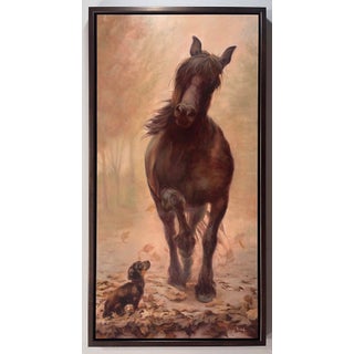 Puppy & the Beast by Dana Hawk | Oil on panel Oil painting of a puppy and a horse in a foggy landscape. For Sale