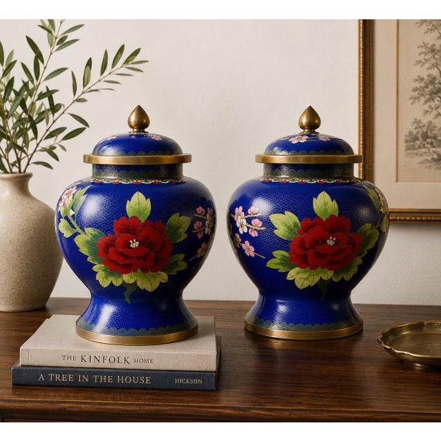 Vintage Chinese Cloisonné Cobalt Blue Floral & Bird Ginger Jars – Pair For Sale - Image 4 of 4