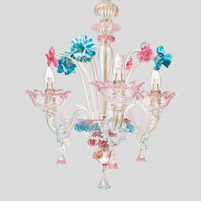 1990s Venetian Murano Glass 3-Arm Chandelier with Flower Decor, 1990s For Sale - Image 5 of 9