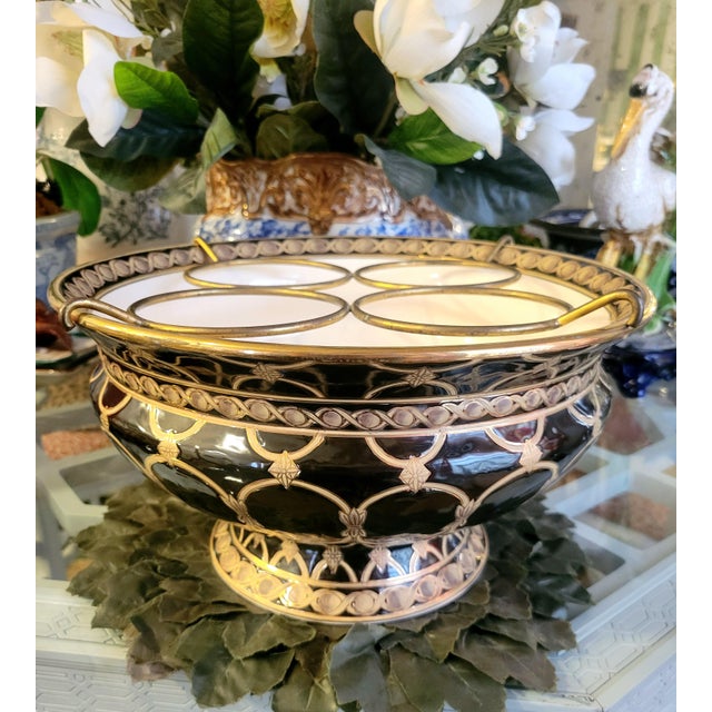 Metal Vintage Black Gold Brass Inlay Royal Doulton Style Ceramic Bowl 4 Bottle Wine Holder For Sale - Image 7 of 10
