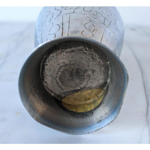 Metal Chinese Export Silver Tone Etched Brass Vase For Sale - Image 7 of 10